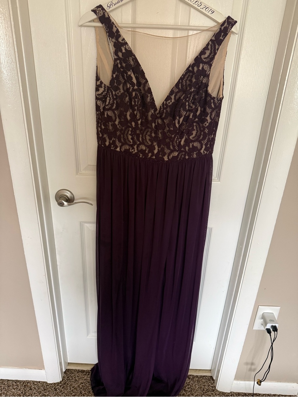 David's Bridal Plum Maxi Dress with Black Lace Bodice